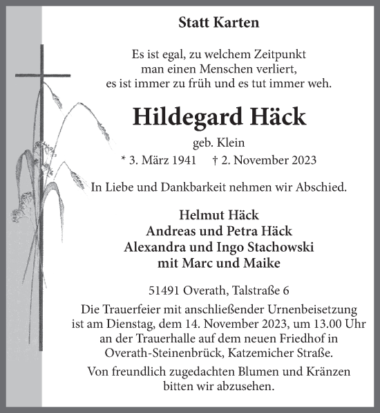 Anzeige von Hildegard Häck von  Bergisches Handelsblatt 
