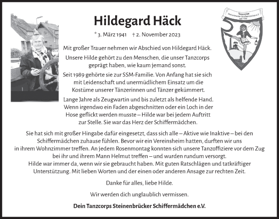 Anzeige von Hildegard Häck von  Bergisches Handelsblatt 