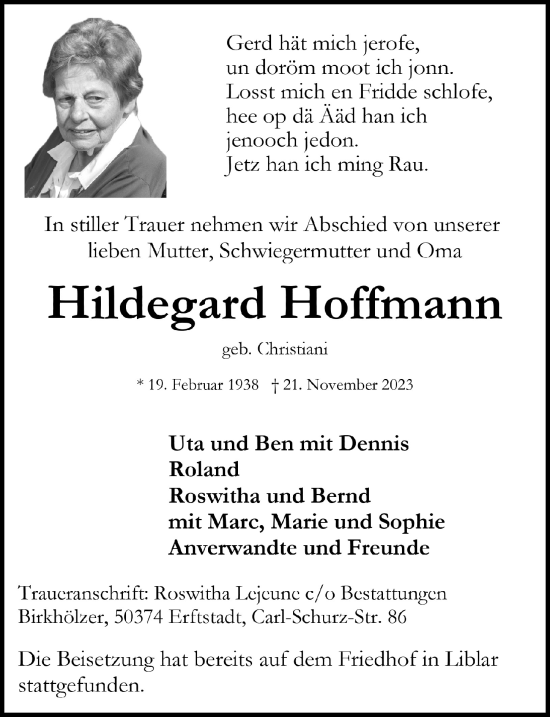 Anzeige von Hildegard Hoffmann von  Werbepost 