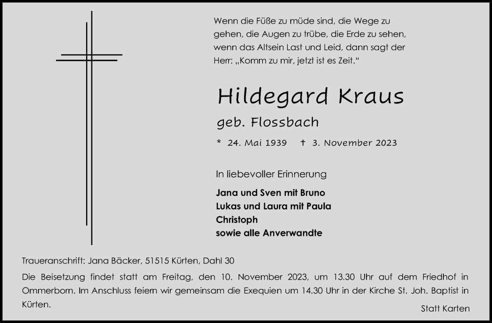  Traueranzeige für Hildegard Kraus vom 07.11.2023 aus Kölner Stadt-Anzeiger / Kölnische Rundschau / Express