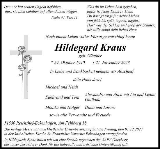 Anzeige von Hildegard Kraus von  Anzeigen Echo 