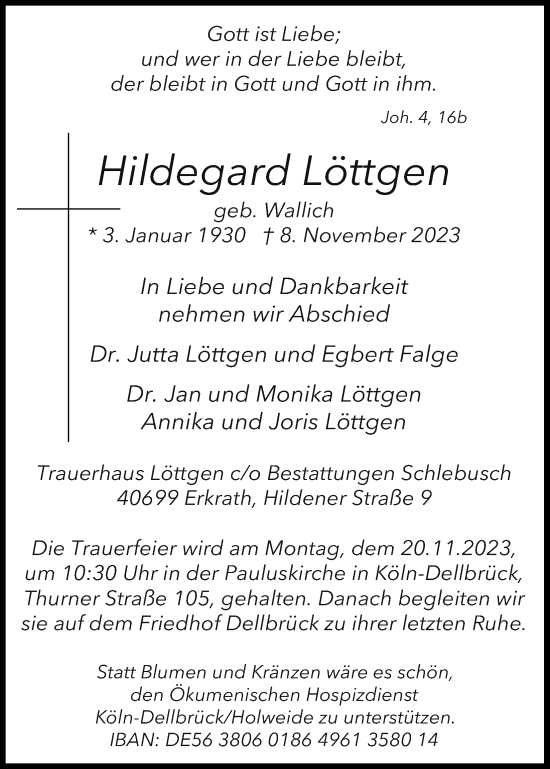 Anzeige von Hildegard Löttgen von Kölner Stadt-Anzeiger / Kölnische Rundschau / Express