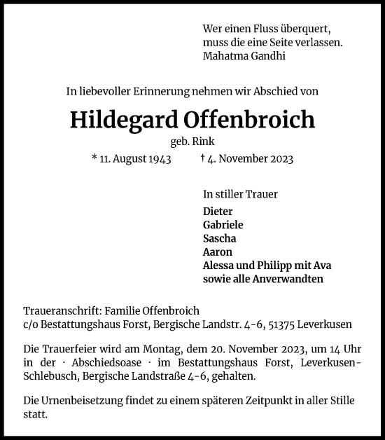 Anzeige von Hildegard Offenbroich von Kölner Stadt-Anzeiger / Kölnische Rundschau / Express