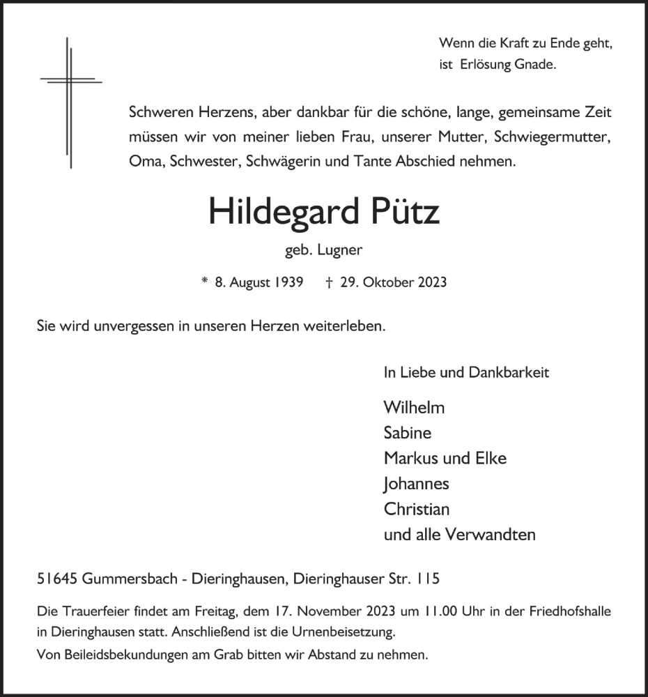  Traueranzeige für Hildegard Pütz vom 10.11.2023 aus  Anzeigen Echo 