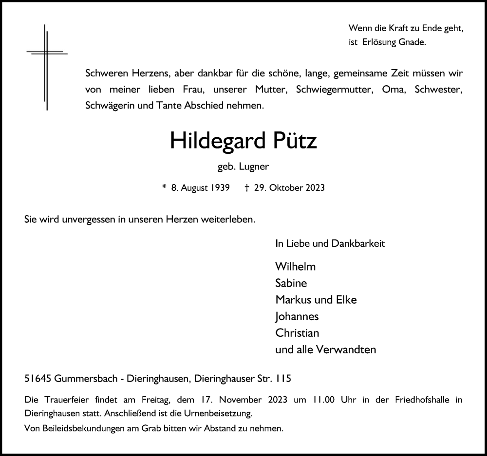 Traueranzeige für Hildegard Pütz vom 11.11.2023 aus Kölner Stadt-Anzeiger / Kölnische Rundschau / Express