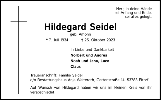 Anzeige von Hildegard Seidel von Kölner Stadt-Anzeiger / Kölnische Rundschau / Express