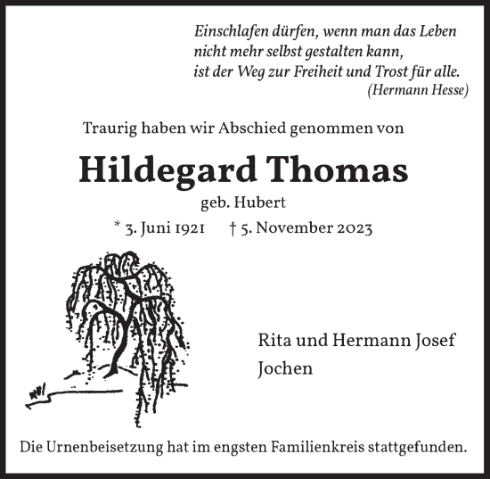 Anzeige von Hildegard Thomas von  Wochenende 