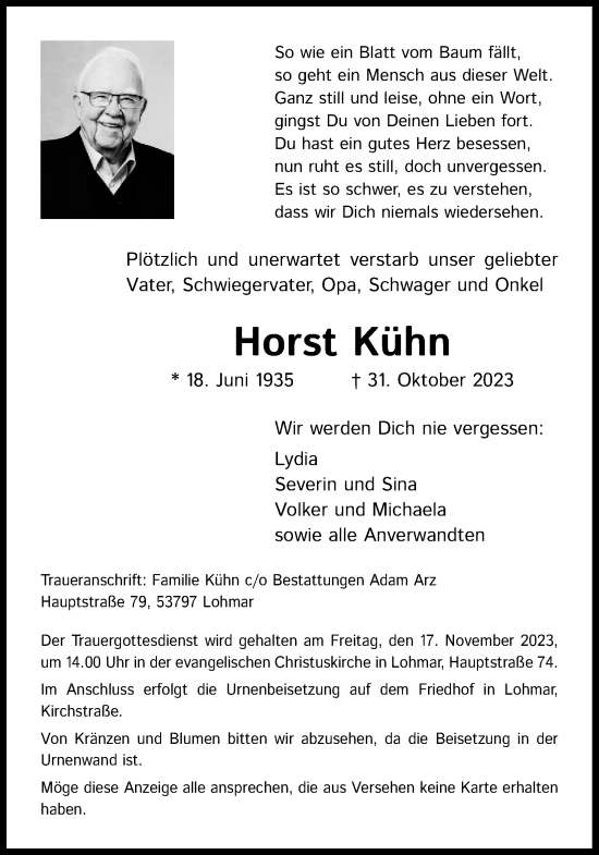 Anzeige von Horst Kühn von Kölner Stadt-Anzeiger / Kölnische Rundschau / Express