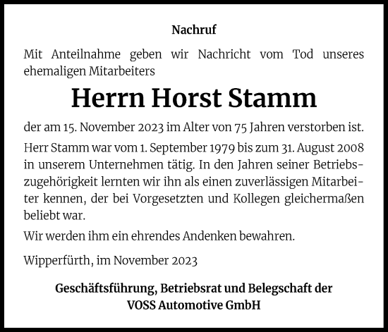 Anzeige von Horst Stamm von Kölner Stadt-Anzeiger / Kölnische Rundschau / Express