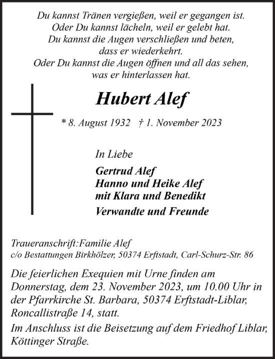 Anzeige von Hubert Alef von  Werbepost 