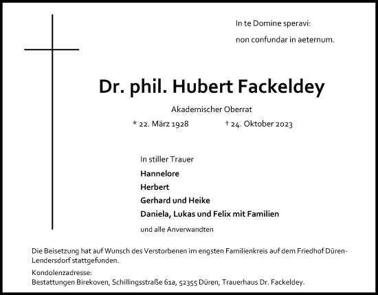 Anzeige von Hubert Fackeldey von Kölner Stadt-Anzeiger / Kölnische Rundschau / Express