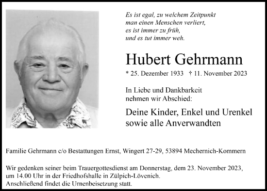 Anzeige von Hubert Gehrmann von  Blickpunkt Euskirchen 