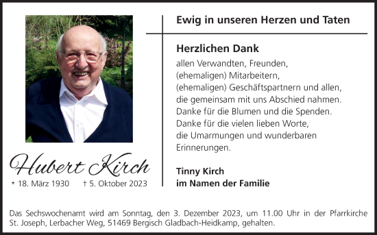 Anzeige von Hubert Kirch von Kölner Stadt-Anzeiger / Kölnische Rundschau / Express