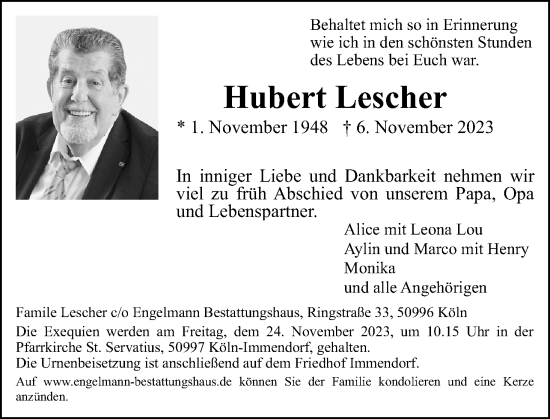 Anzeige von Hubert Lescher von Kölner Stadt-Anzeiger / Kölnische Rundschau / Express