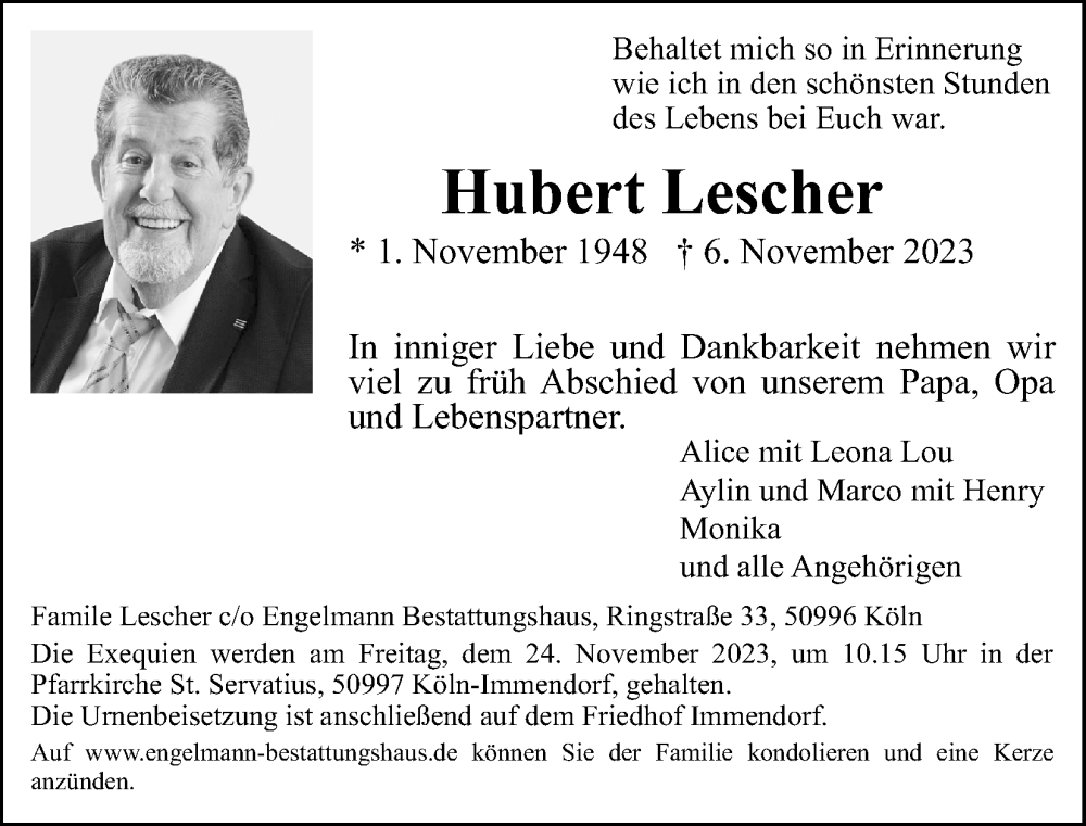  Traueranzeige für Hubert Lescher vom 11.11.2023 aus Kölner Stadt-Anzeiger / Kölnische Rundschau / Express