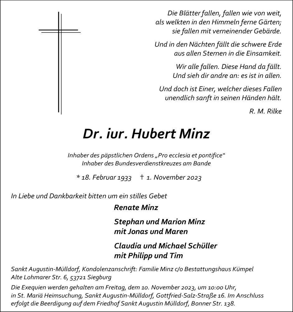  Traueranzeige für Hubert Minz vom 04.11.2023 aus Kölner Stadt-Anzeiger / Kölnische Rundschau / Express
