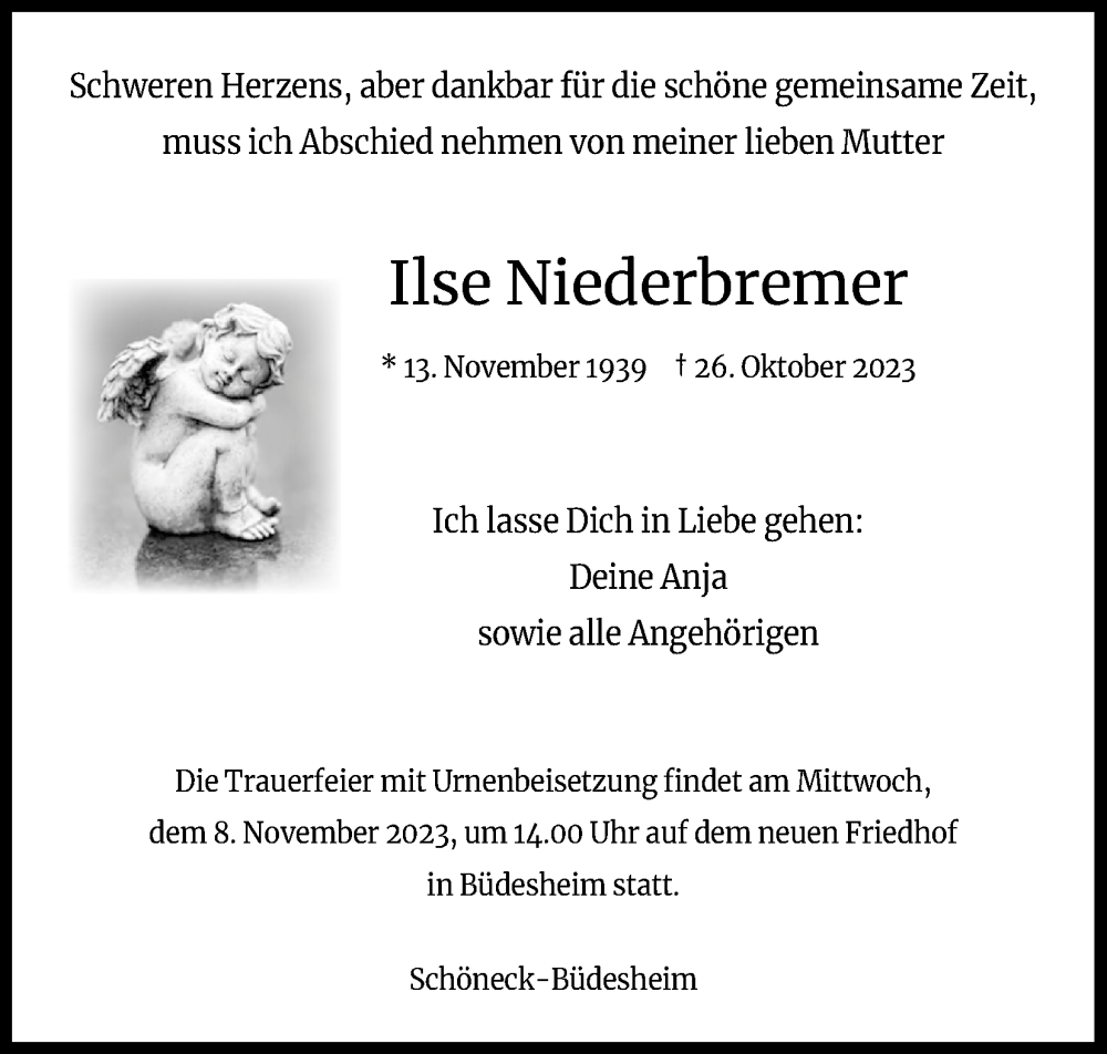  Traueranzeige für Ilse Niederbremer vom 04.11.2023 aus Kölner Stadt-Anzeiger / Kölnische Rundschau / Express