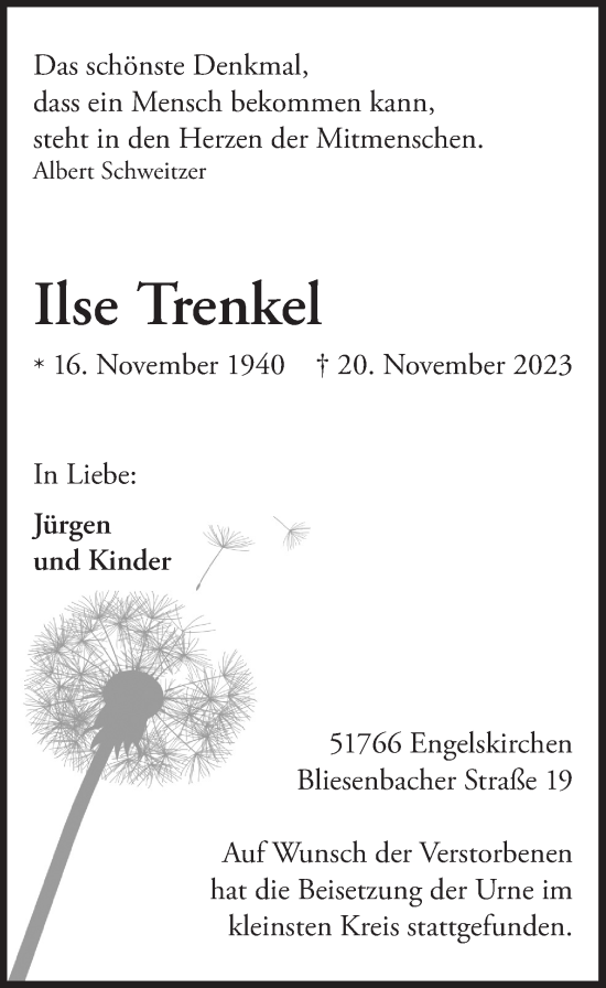 Anzeige von Ilse Trenkel von  Anzeigen Echo 