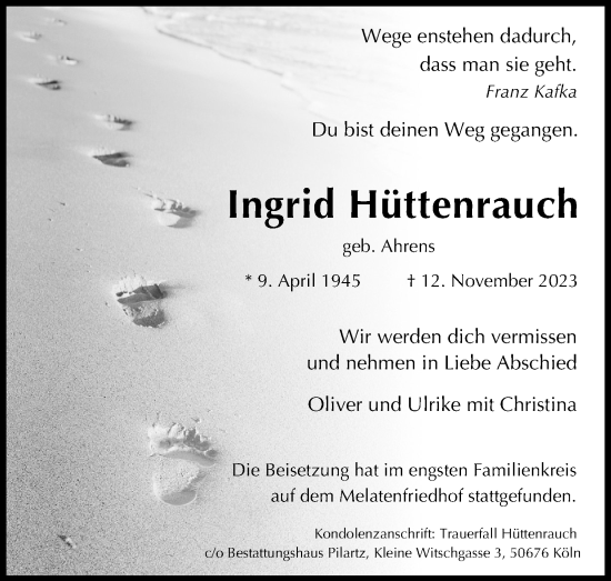 Anzeige von Ingrid Hüttenrauch von Kölner Stadt-Anzeiger / Kölnische Rundschau / Express