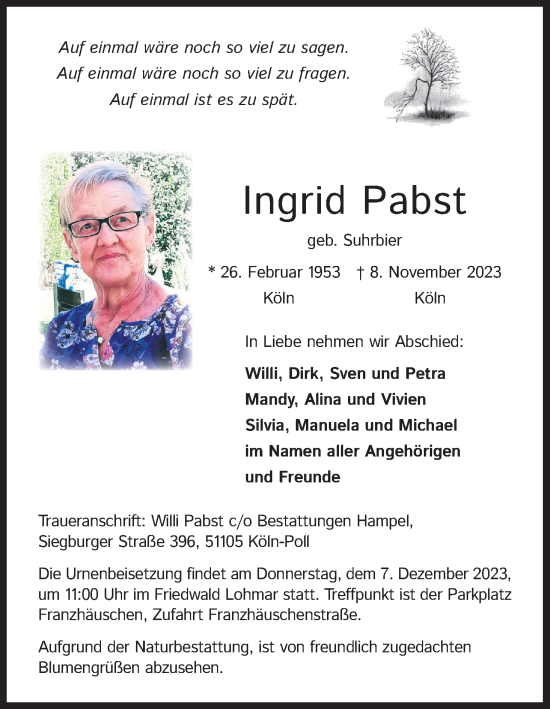 Anzeige von Ingrid Pabst von Kölner Stadt-Anzeiger / Kölnische Rundschau / Express