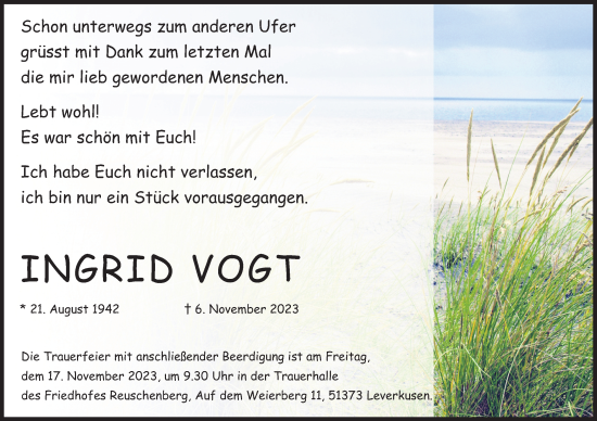 Anzeige von Ingrid Vogt von Kölner Stadt-Anzeiger / Kölnische Rundschau / Express