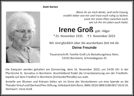 Anzeige von Irene Groß von  Schaufenster/Blickpunkt 