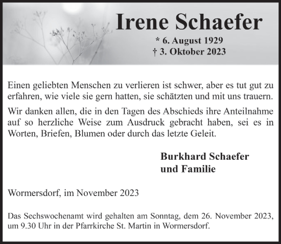 Anzeige von Irene Schaefer von  Schaufenster/Blickpunkt 