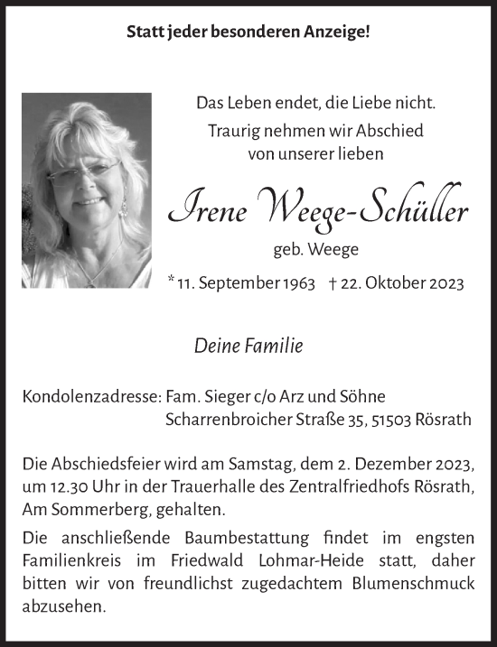 Anzeige von Irene Weege-Schüller von  Bergisches Handelsblatt 