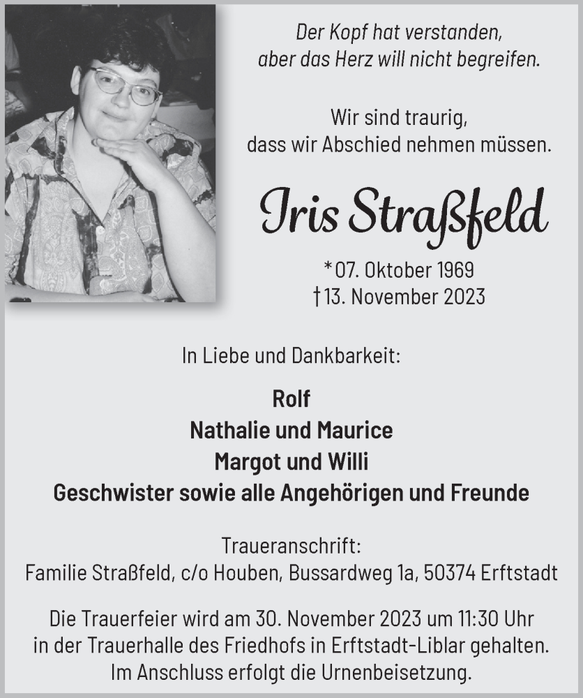  Traueranzeige für Iris Straßfeld vom 24.11.2023 aus  Werbepost 