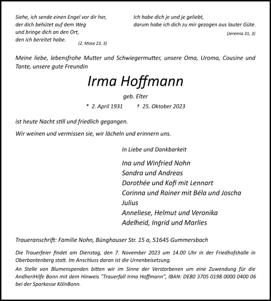 Anzeige von Irma Hoffmann von  Anzeigen Echo 