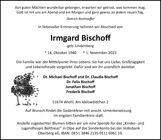 Anzeige von Irmgard Bischoff von Kölner Stadt-Anzeiger / Kölnische Rundschau / Express