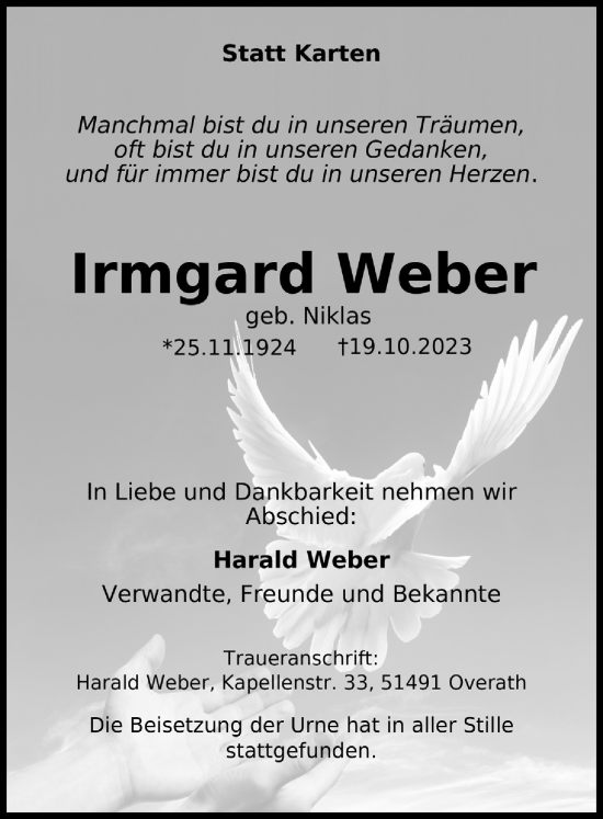 Anzeige von Irmgard Weber von  Bergisches Handelsblatt 
