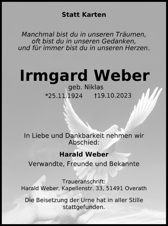 Anzeige von Irmgard Weber von Kölner Stadt-Anzeiger / Kölnische Rundschau / Express