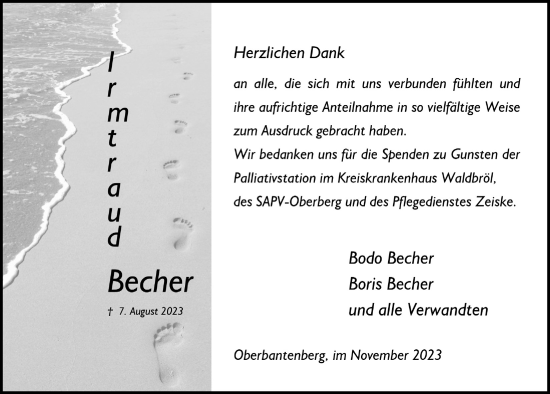 Anzeige von Irmtraud Becher von  Anzeigen Echo 