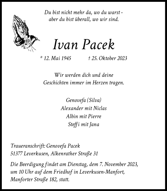 Anzeige von Ivan Pacek von Kölner Stadt-Anzeiger / Kölnische Rundschau / Express