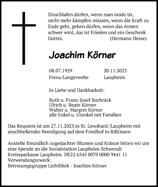 Anzeige von Joachim Körner von Kölner Stadt-Anzeiger / Kölnische Rundschau / Express