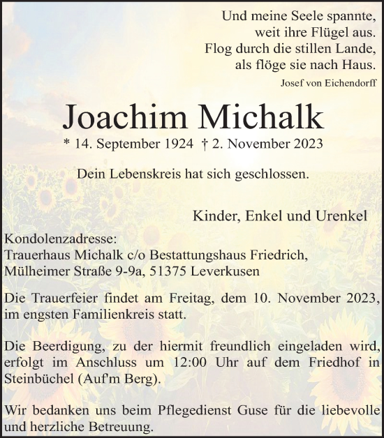 Anzeige von Joachim Michalk von Kölner Stadt-Anzeiger / Kölnische Rundschau / Express