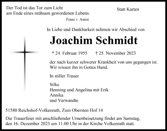 Anzeige von Joachim Schmidt von  Anzeigen Echo 