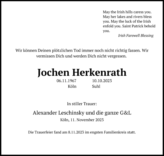 Anzeige von Jochen Herkenrath von Kölner Stadt-Anzeiger / Kölnische Rundschau / Express