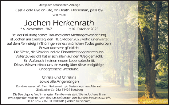 Anzeige von Jochen Herkenrath von Kölner Stadt-Anzeiger / Kölnische Rundschau / Express