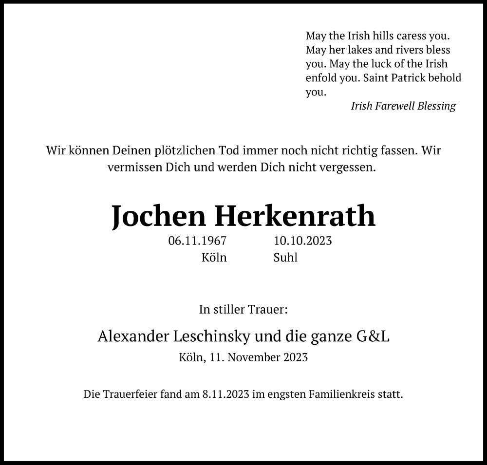  Traueranzeige für Jochen Herkenrath vom 11.11.2023 aus Kölner Stadt-Anzeiger / Kölnische Rundschau / Express