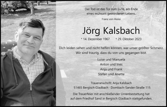 Anzeige von Jörg Kalsbach von  Bergisches Handelsblatt 