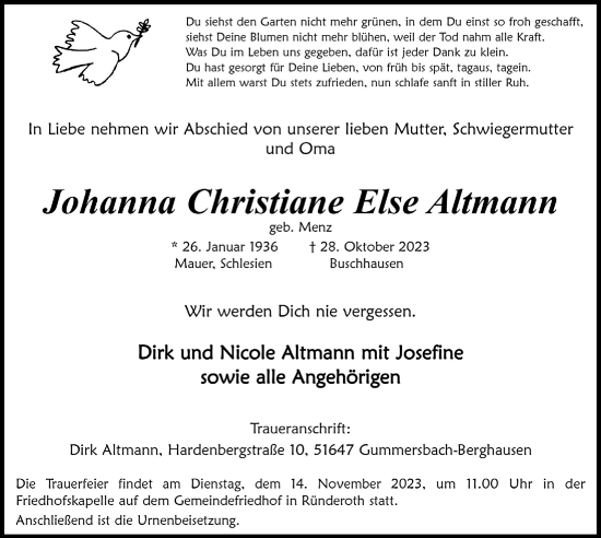 Anzeige von Johanna Christiane Else Altmann von  Anzeigen Echo 