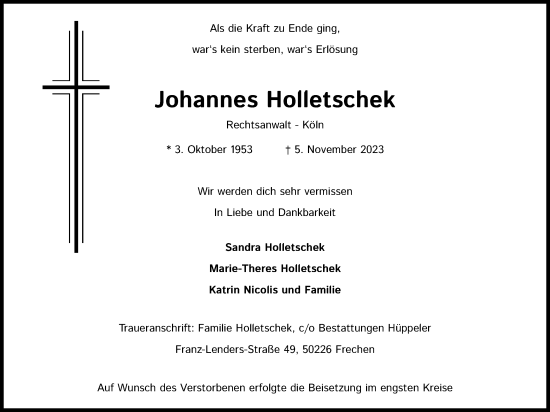 Anzeige von Johannes Holletschek von Kölner Stadt-Anzeiger / Kölnische Rundschau / Express
