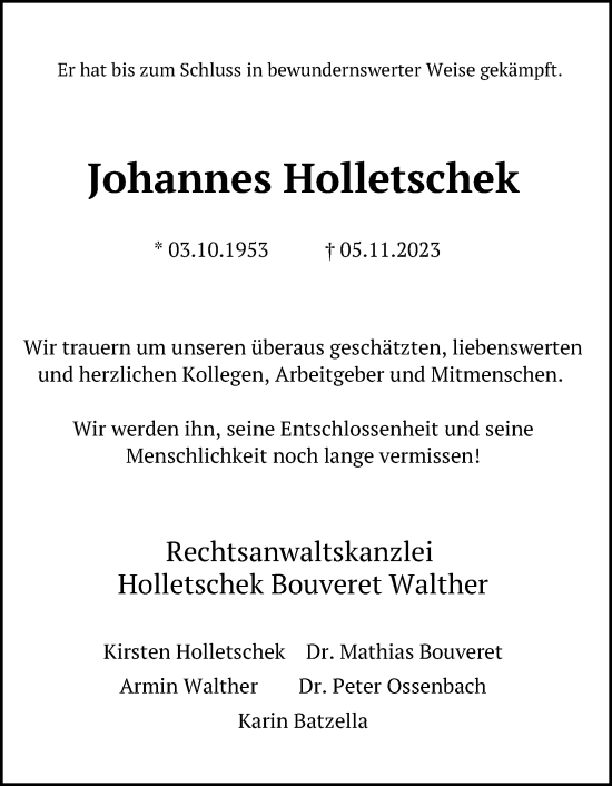 Anzeige von Johannes Holletschek von Kölner Stadt-Anzeiger / Kölnische Rundschau / Express