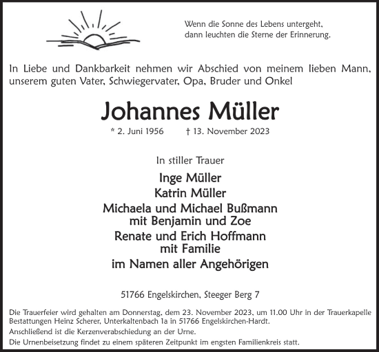 Anzeige von Johannes Müller von  Anzeigen Echo 