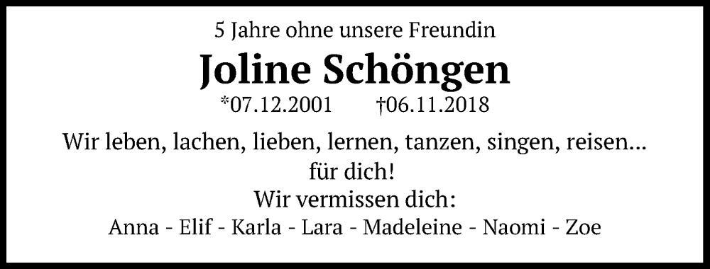  Traueranzeige für Joline Schöngen vom 18.07.2023 aus Kölner Stadt-Anzeiger / Kölnische Rundschau / Express