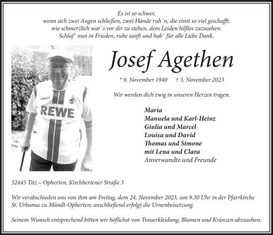 Anzeige von Josef Agethen von  Werbepost 