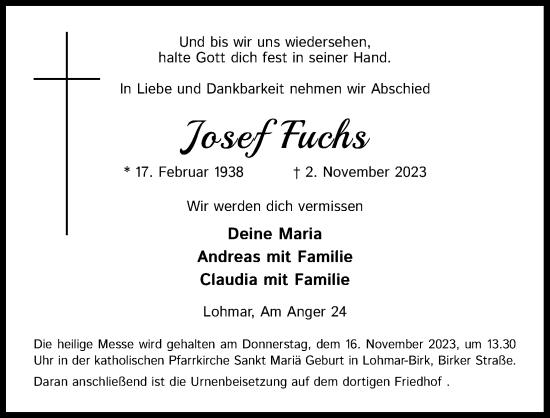 Anzeige von Josef Fuchs von Kölner Stadt-Anzeiger / Kölnische Rundschau / Express