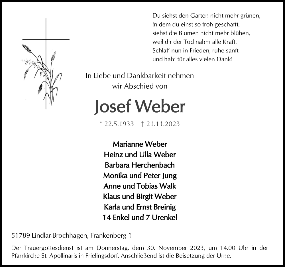  Traueranzeige für Josef Weber vom 25.11.2023 aus Kölner Stadt-Anzeiger / Kölnische Rundschau / Express